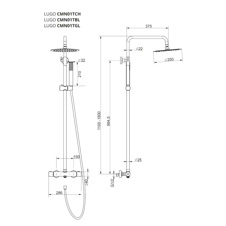Natryskowa kolumna prysznicowa Corsan Lugo chrom okrągła deszczownica z baterią termostatyczną