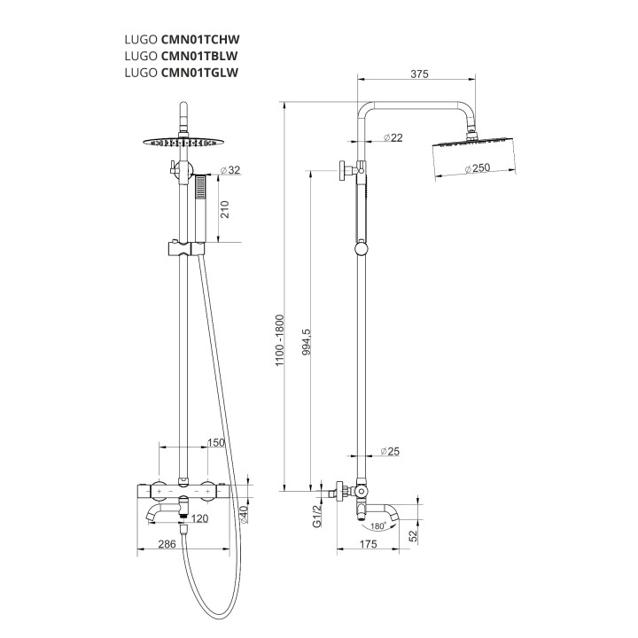 Natryskowa kolumna prysznicowa Corsan Lugo chrom CMN01TCHW okrągła deszczownica z baterią termostatyczną i obrotową wylewką wann