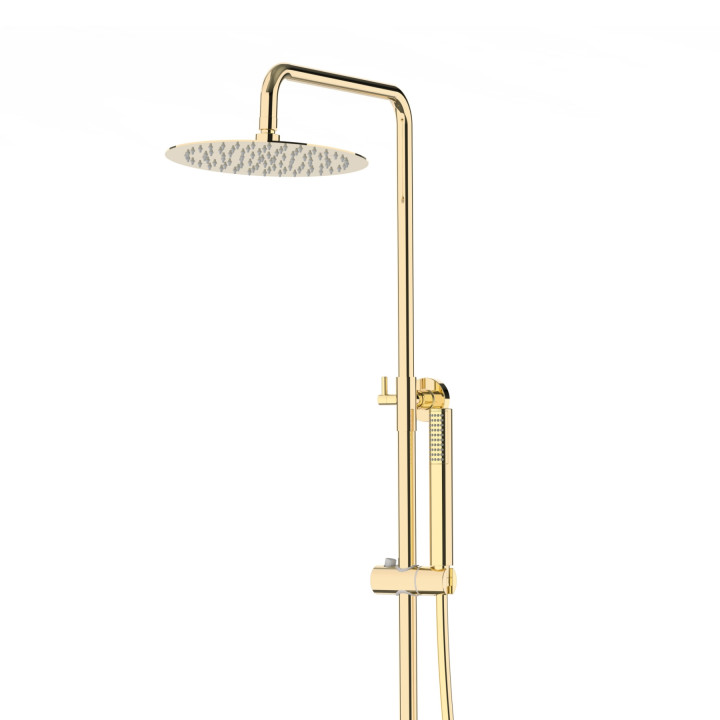 Natryskowa złota kolumna prysznicowa Corsan Lugo okrągła deszczownica z baterią termostatyczną i obrotową wylewką wannową