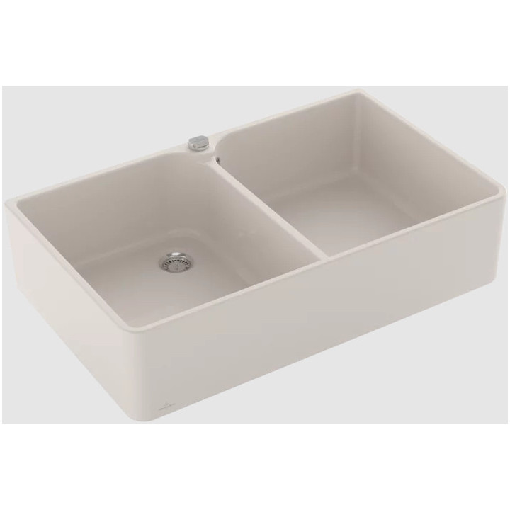 Zlew dwukomorowy 90 X Zlew dwukomorowy, włącznie Zestaw odpływowy z korkiem automatycznym, z Ceramika, 900 x 550 mm, Crema Ceram