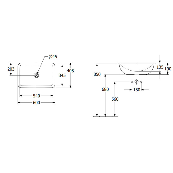 Loop & Friends Umywalka wpuszczana w blat, 600 x 405 x 185 mm, Weiss Alpin CeramicPlus, z przelewem, Nieszlifowany