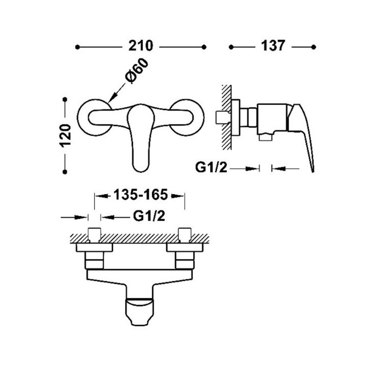 Bateria jednouchwytowa ścienna prysznicowa TRES BASE PLUS - Chrom 