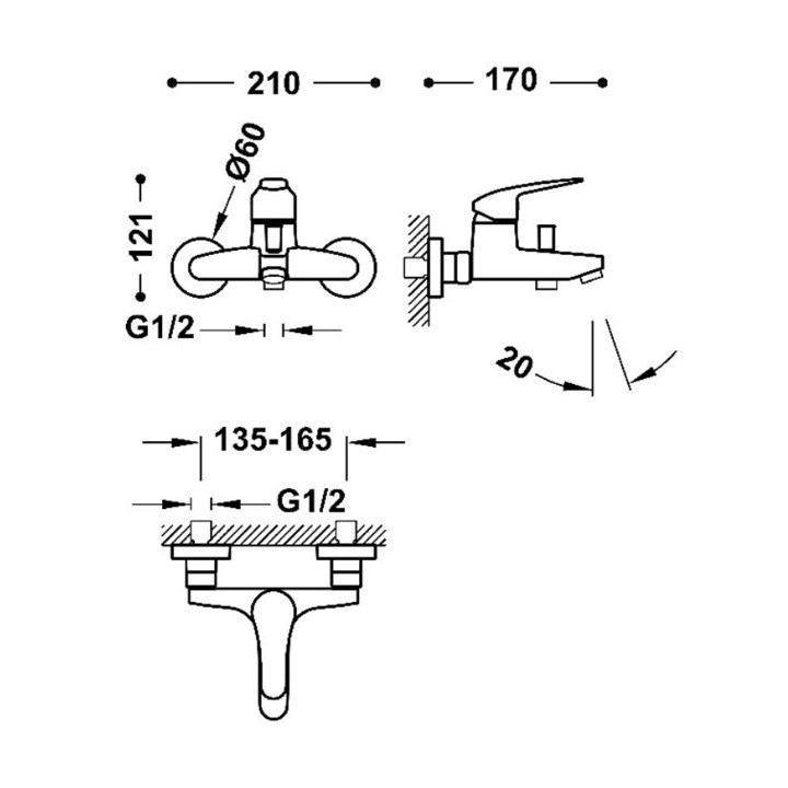 Bateria jednouchwytowa ścienna wannowa i prysznicowa TRES BASE PLUS - Chrom