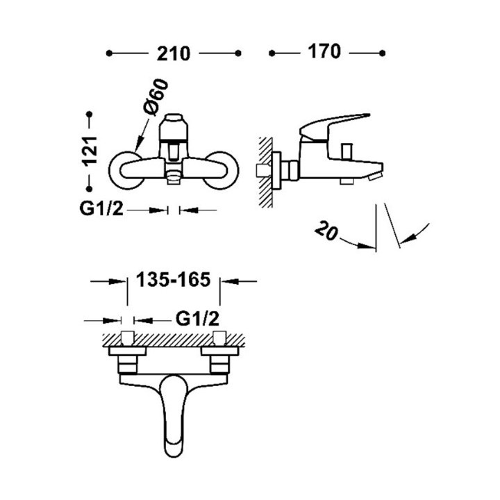 Bateria jednouchwytowa ścienna wannowa i prysznicowa TRES BASE PLUS - Chrom 