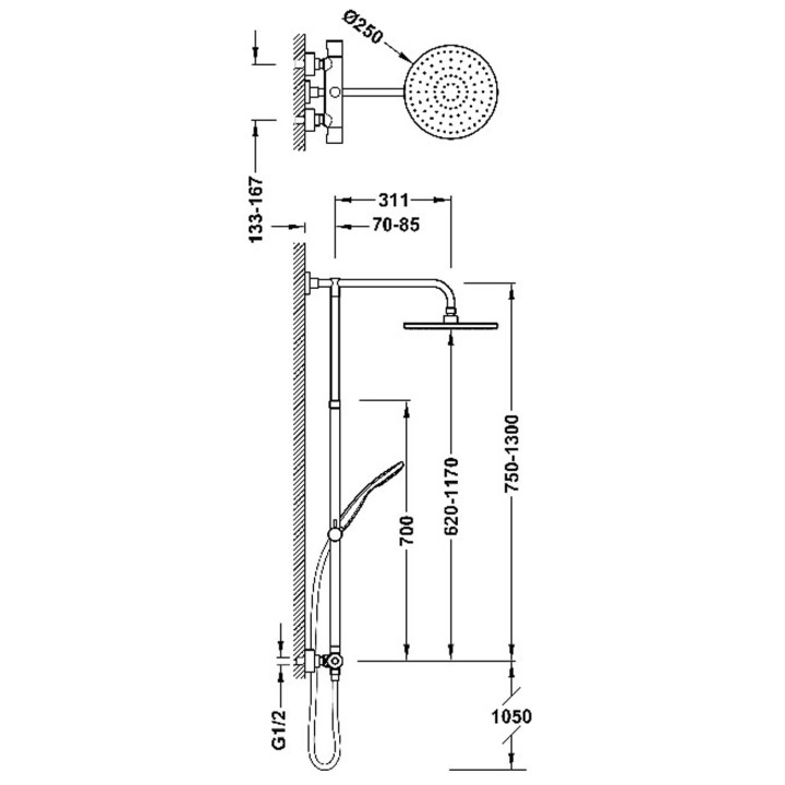 Zestaw baterii termostatycznej naściennej 2-drożnej prysznicowej TRES BASE PLUS - Czerń Matowa 