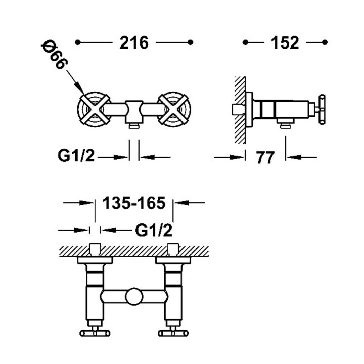Bateria dwuuchwytowa ścienna prysznicowa, TRES MONTBLANC - 24-K Złoto Matowe
