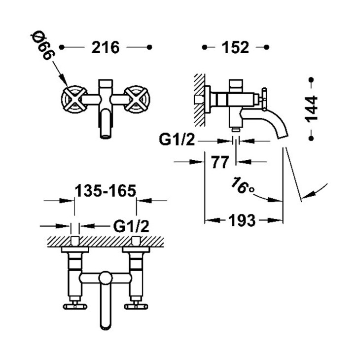 Bateria dwuuchwytowa ścienna wannowa i prysznicowa, TRES MONTBLANC - Czerń Matowa 