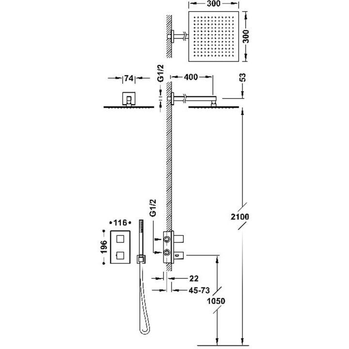 Zestaw baterii termostatycznej podtynkowej 2-drożnej Therm-box prysznicowej, TRES CUADRO - Chrom