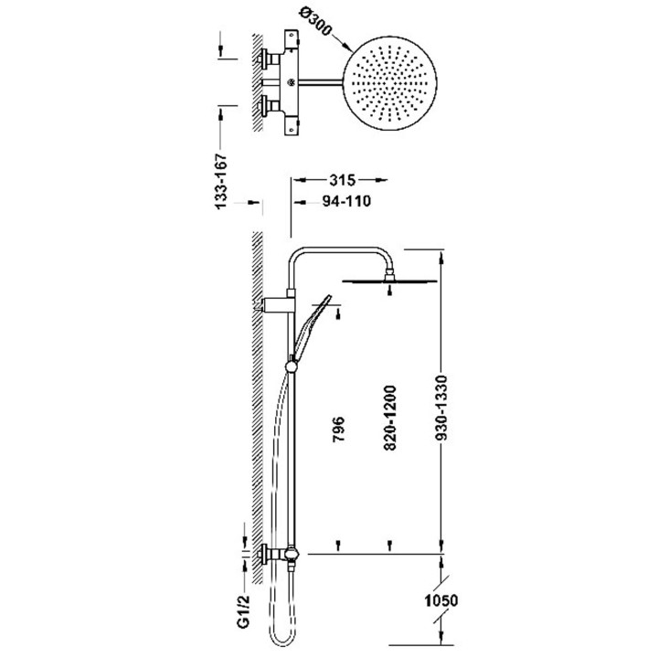 Zestaw baterii termostatycznej naściennej 2-drożnej prysznicowej, TRES LOFT - Stal