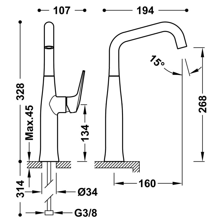 Wysoka bateria jednouchwytowa umywalkowa z boczną dźwignią, TRES FUJI - Czerń Matowa