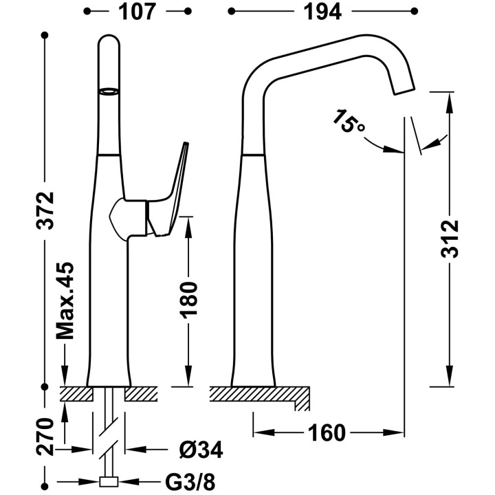 Bateria jednouchwytowa XXL umywalkowa z boczną dźwignią, TRES FUJI - Stal 
