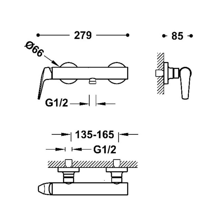 Bateria jednouchwytowa ścienna prysznicowa, TRES FUJI -  Stal