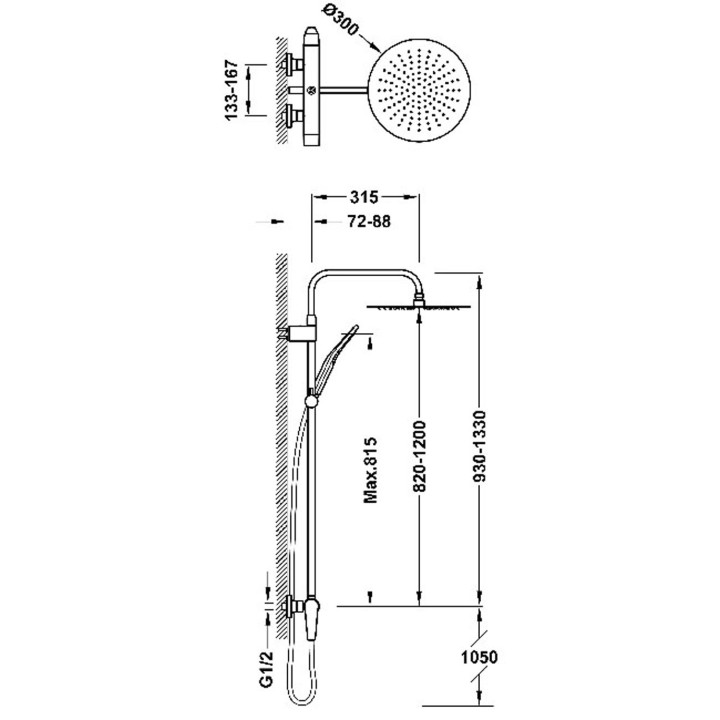 Zestaw baterii jednouchwytowej naściennej 2-drożnej prysznicowej, TRES FUJI - Czerń Matowa