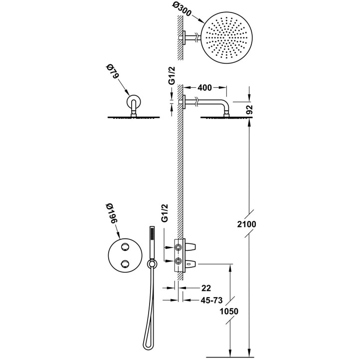Zestaw baterii termostatycznej podtynkowej 2-drożnej Therm-box prysznicowej, TRES FUJI - Stal