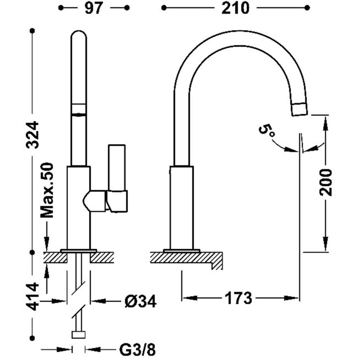 Wysoka bateria jednouchwytowa umywalkowa z boczną dźwignią, TRES PROJECT-TRES - 24-K Matowe różowe złoto 