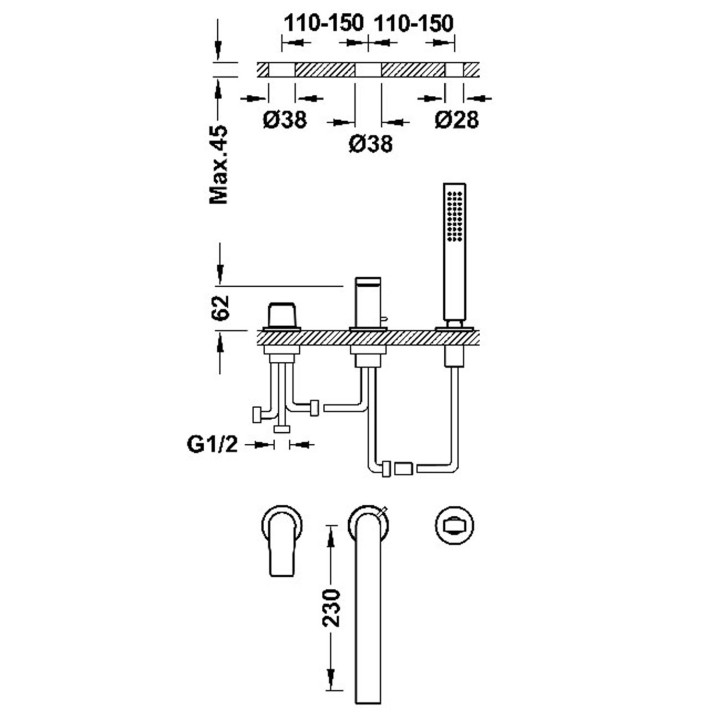Bateria jednouchwytowa z montażem na krawędzi wanny, TRES PROJECT-TRES - 24-K Matowe różowe złoto