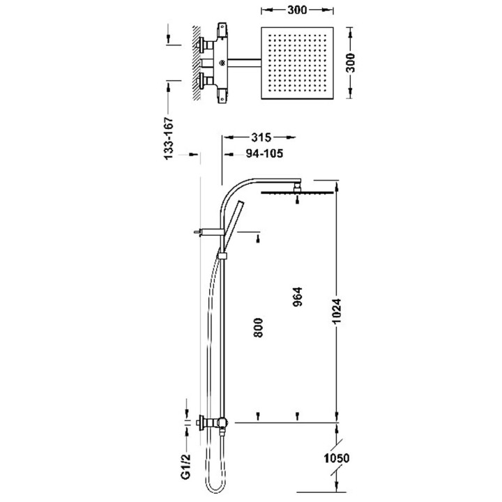 Zestaw baterii termostatycznej naściennej 2-drożnej prysznicowej, TRES PROJECT-TRES - Chrom 