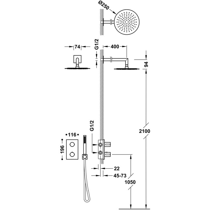 Zestaw baterii termostatycznej podtynkowej 2-drożnej Therm-box prysznicowej, TRES MAX-TRES - Chrom 