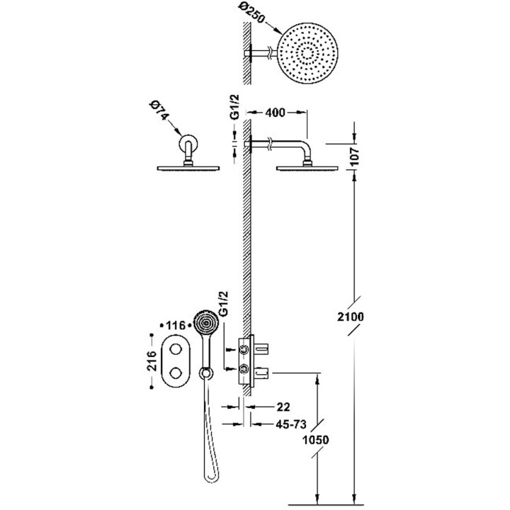 Zestaw baterii termostatycznej podtynkowej 2-drożnej Therm-box prysznicowej, TRES LEX-ALP - Chrom 