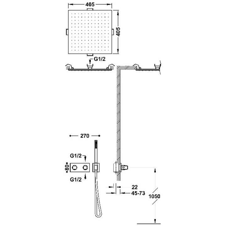 Zestaw baterii termostatycznej podtynkowej 2-drożnej prysznicowej, TRES B-SYSTEM - Stal