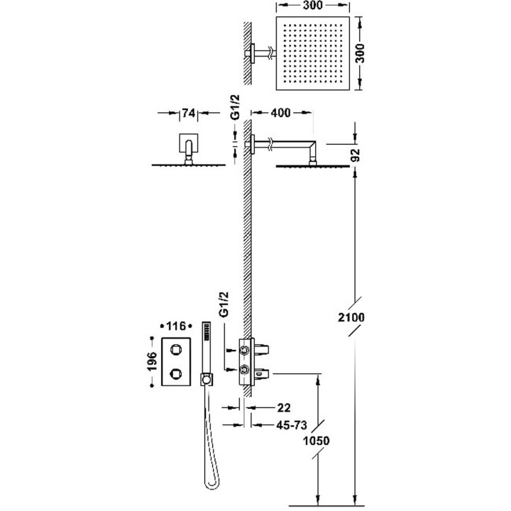 Zestaw baterii termostatycznej podtynkowej 2-drożnej prysznicowej, TRES THERM-BOX - Chrom   