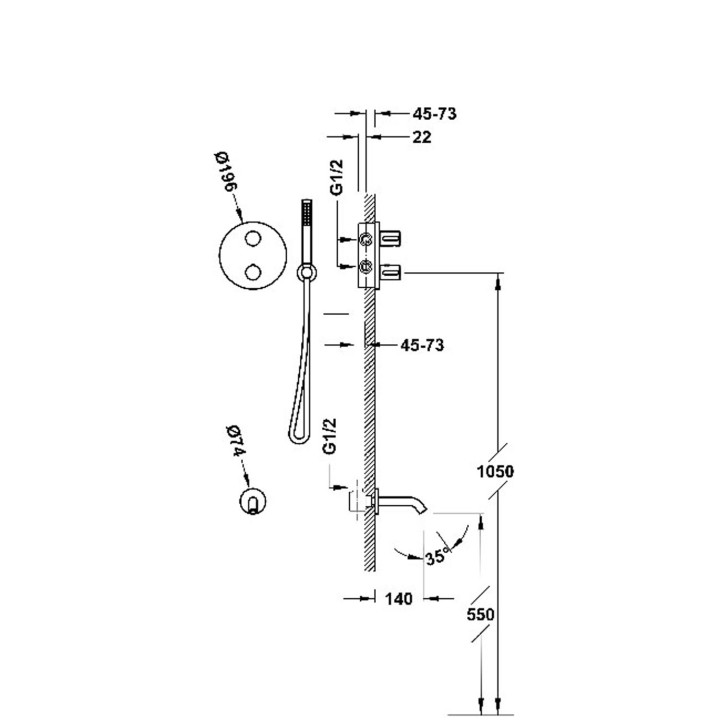 Zestaw baterii termostatycznej podtynkowej 2-drożnej Therm-box prysznicowej i wannowej, TRES THERM-BOX - 24-K Złoto Matowe