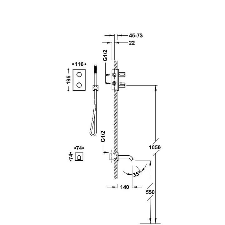 Zestaw baterii termostatycznej podtynkowej 2-drożnej Therm-box prysznicowej i wannowej, TRES THERM-BOX - Chrom 