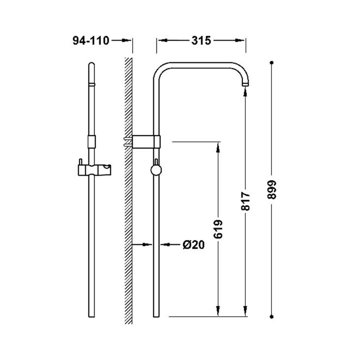 Drążek natryskowy przystosowany do baterii termostatycznej ściennej z kompatybilnym przyłączem, TRES OVER-WALL - 24-K Złoto Mato