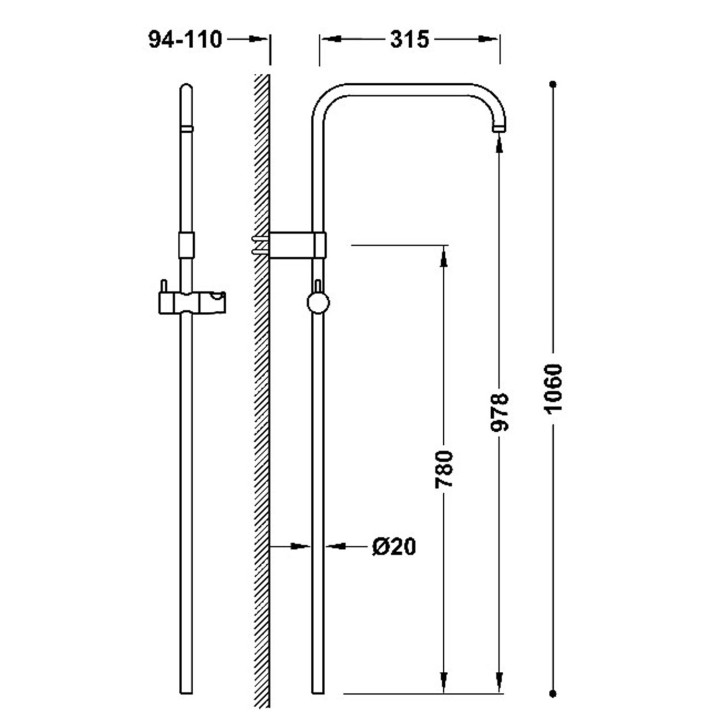 Długi drążek natryskwy przystosowany do baterii termostatycznej ściennej z kompatybilnym przyłączem, TRES OVER-WALL - 24-K Złoto