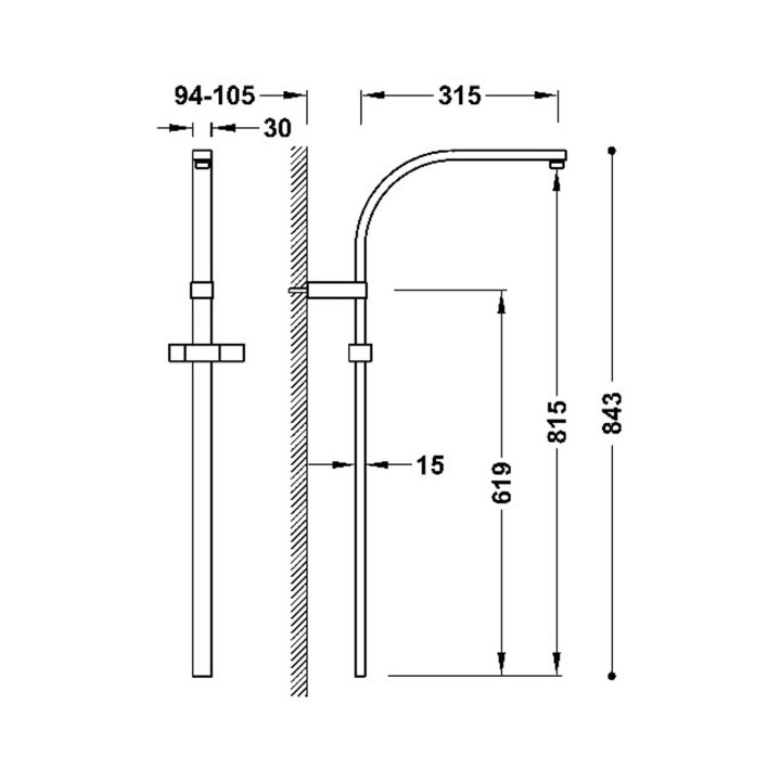 Drążek natryskowy przystosowany do baterii termostatycznej ściennej z kompatybilnym przyłączem, TRES OVER-WALL - Stal