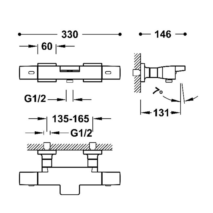 Bateria termostatyczna naścienna wannowa i prysznicowa, TRES OVER-WALL - 24-K Złoto Matowe