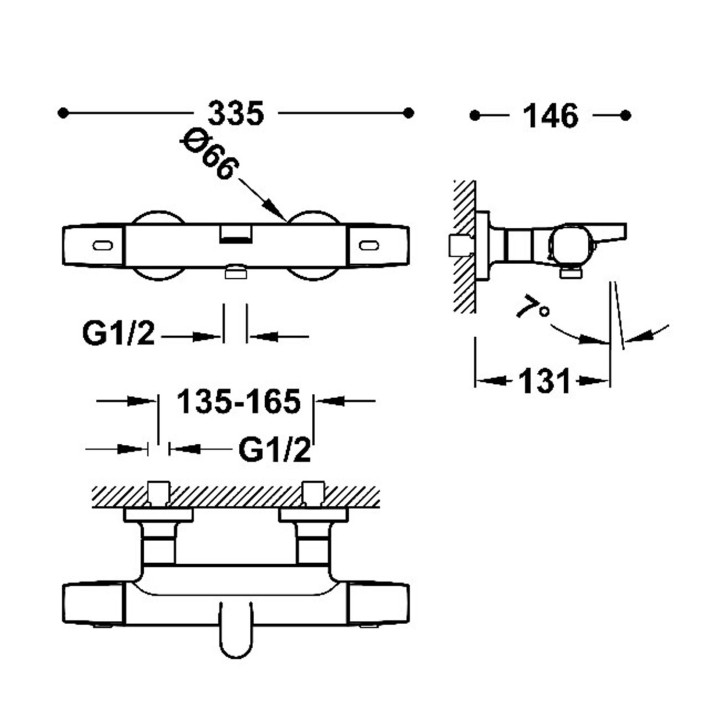 Bateria termostatyczna naścienna wannowa i prysznicowa, TRES OVER-WALL - Stal