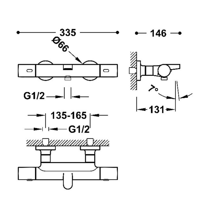 Bateria termostatyczna naścienna wannowa i prysznicowa, TRES OVER-WALL - Czerń Matowa