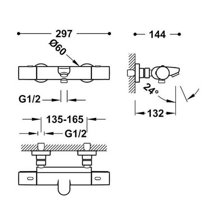 Bateria termostatyczna naścienna wannowa i prysznicowa, TRES OVER-WALL - Czerń Matowa