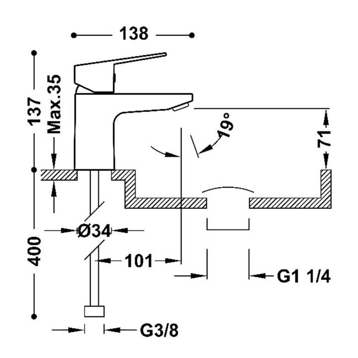 Bateria jednouchwytowa umywalkowa z systemem Tres-Duo i zaworem spustowym Click-Clack, TRES BASE - Chrom