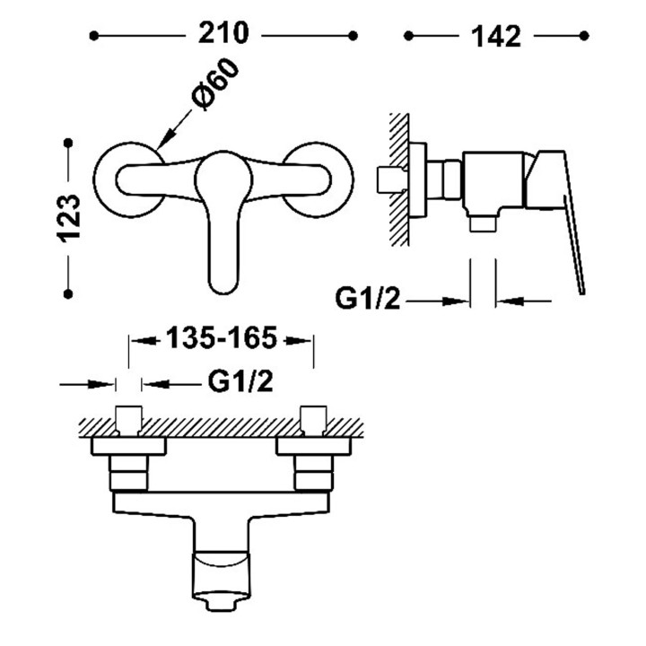 Bateria jednouchwytowa ścienna prysznicowa, TRES BASE - Chrom 