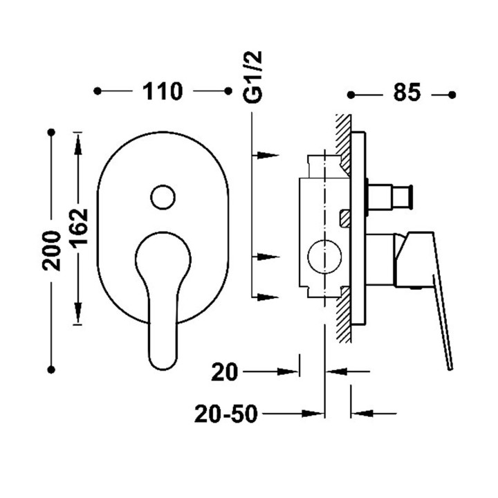 Bateria jednouchwytowa podtynkowa 2-drożna prysznicowa, TRES BASE - Chrom 