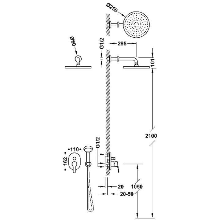 Zestaw baterii jednouchwytowej podtynkowej 2-drożnej prysznicowej, TRES BASE - Chrom 