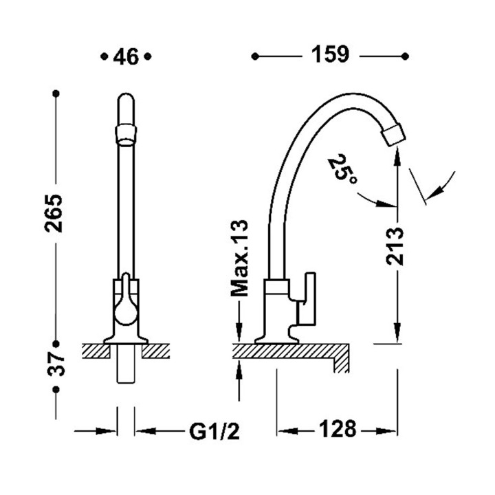 Bateria 1-drożna z uchwytem bocznym do biura lub pralni, TRES BASE - Chrom 