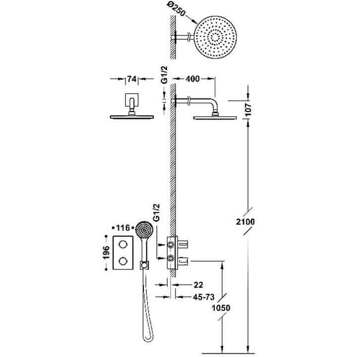 Zestaw baterii termostatycznej podtynkowej 2-drożnej Therm-box prysznicowej, TRES BASE PLUS - Chrom  