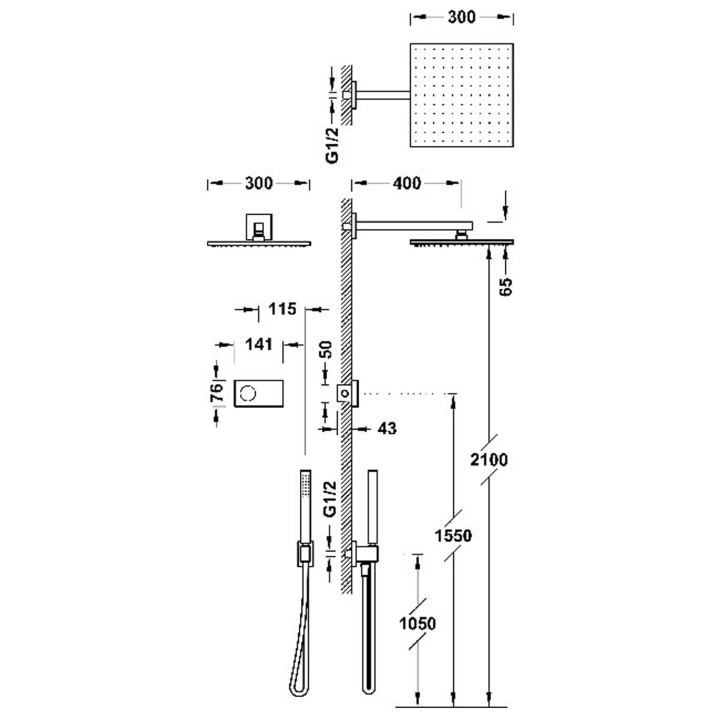 Zestaw elektronicznej baterii termostatycznej podtynkowej 2-drożnej prysznicowej, TRES SHOWER TECHNOLOGY - 24-K Złoto Matowe 
