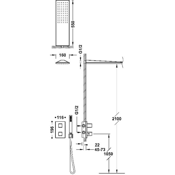 Zestaw baterii termostatycznej podtynkowej 2-drożnej Therm-box prysznicowej, TRES SLIM EXCLUSIVE - Stal