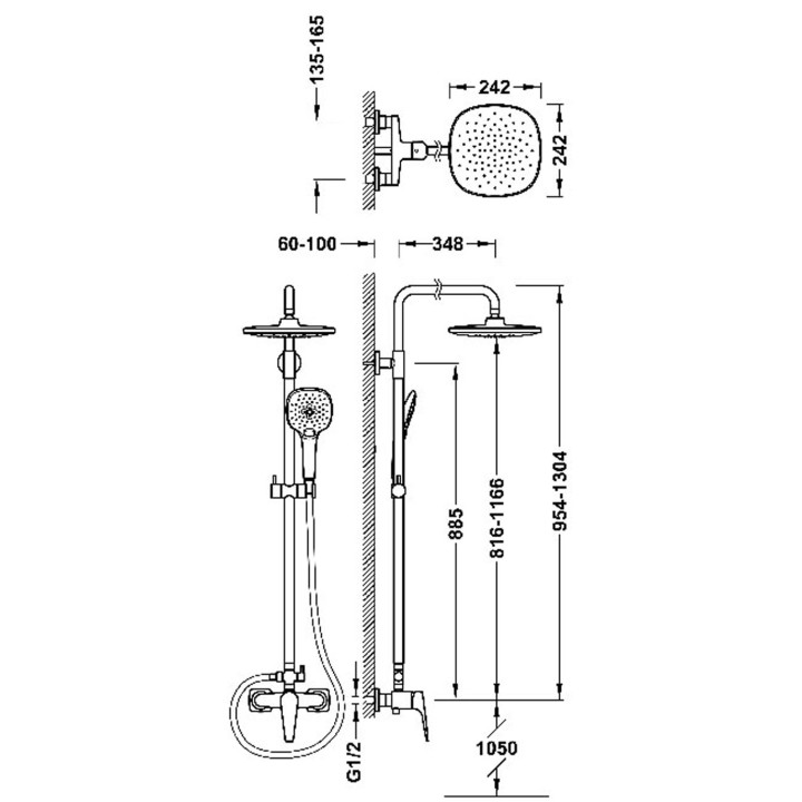 Zestaw baterii jednouchwytowej naściennej 2-drożnej prysznicowej, TRES CANIGÓ PLUS - Chrom  