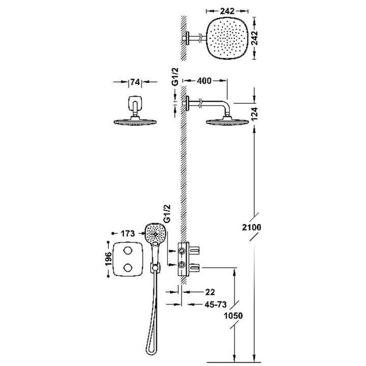 Zestaw baterii termostatycznej podtynkowej 2-drożnej Therm-box prysznicowej, TRES CANIGÓ-TRES PLUS - Chrom 
