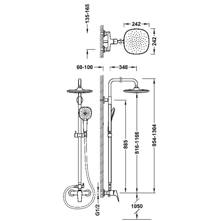 Zestaw baterii jednouchwytowej naściennej 2-drożnej prysznicowej, TRES CANIGÓ-TRES - Chrom  