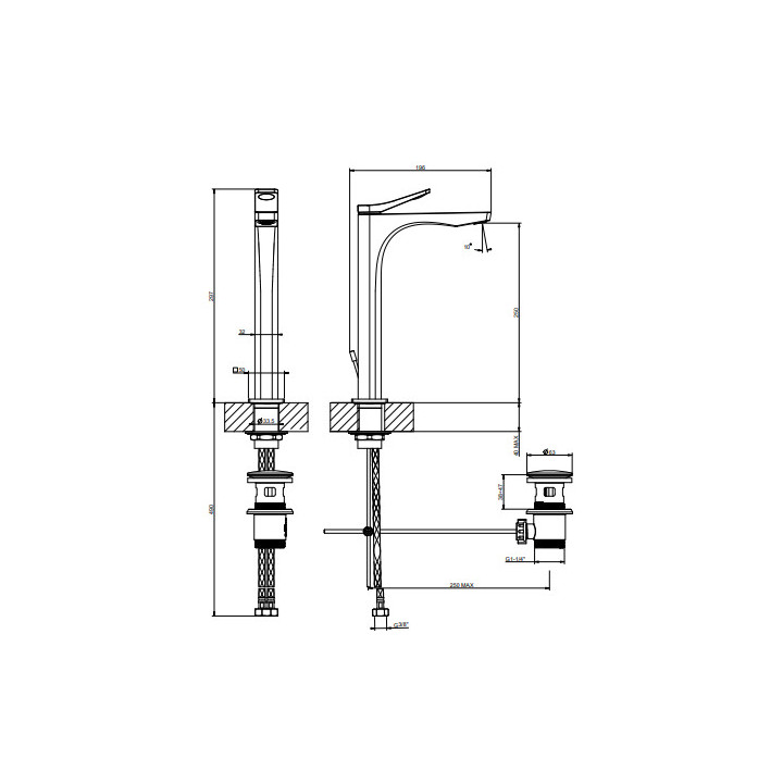 Bateria umywalkowa Gessi Rilievo, stojąca, wysokość 297mm, korek automatyczny, Black Metal Brushed PVD