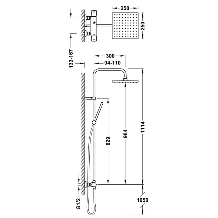 Zestaw baterii termostatycznej naściennej 2-drożnej prysznicowej, TRES OVER-WALL -  Chrom