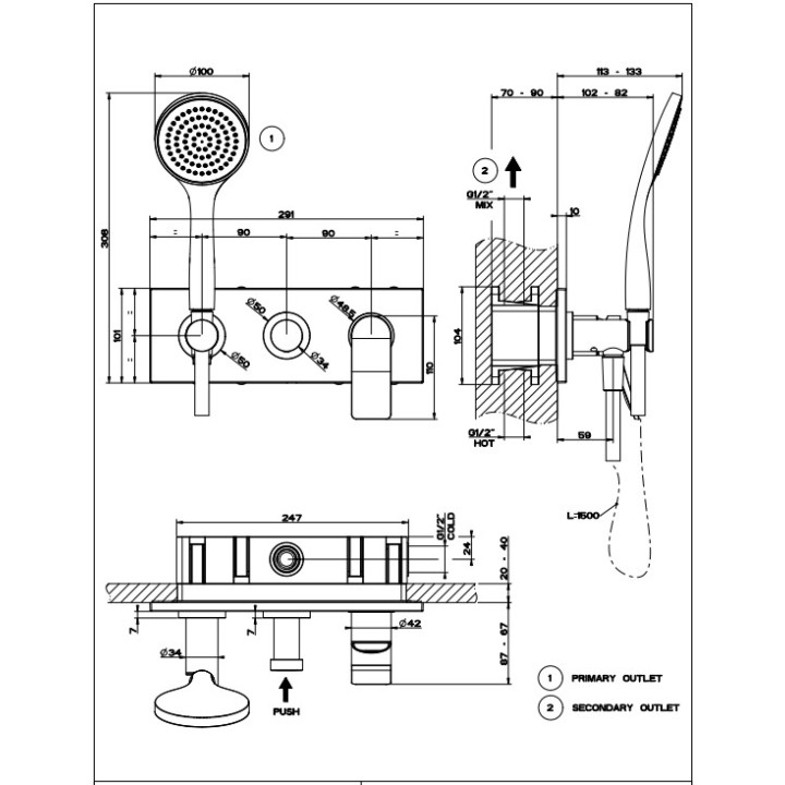 Bateria natryskowa Gessi Rilievo, ścienna, 2 wyjścia wody, zestaw natryskowy, element natynkowy, Black Metal Brushed PVD