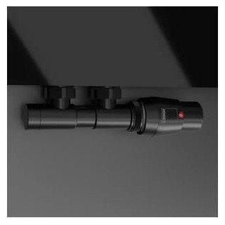 Zawór zespolony Komex Twins z głowicą termostatyczną, kątowy, wersja prawa - czarny błyszczący