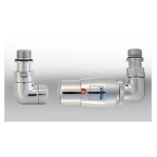 Zawór zespolony Komex Twins z głowicą termostatyczną, kątowy, wersja prawa - chrom
